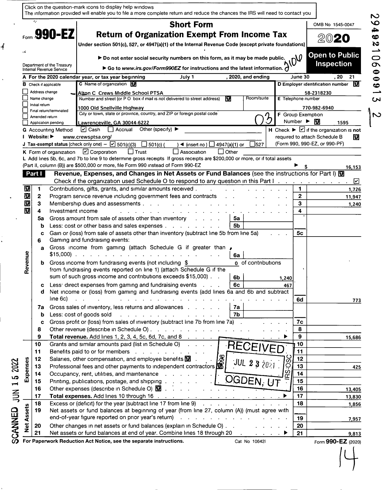 Image of first page of 2020 Form 990EZ for Georgia PTA - Alton C Crews MS PTA