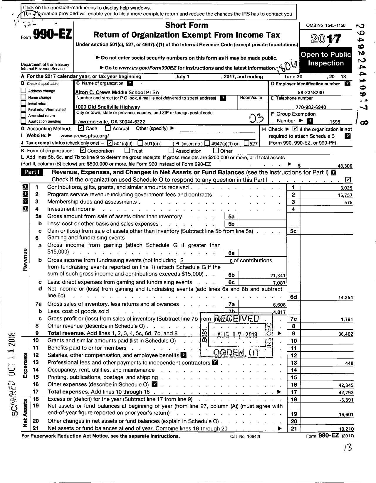 Image of first page of 2017 Form 990EZ for Georgia PTA - Alton C Crews MS PTA