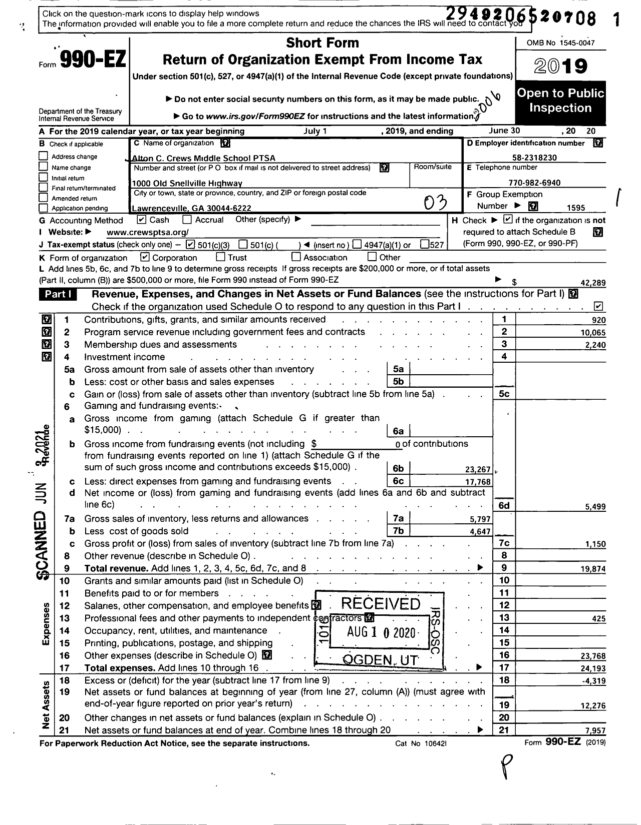 Image of first page of 2019 Form 990EZ for Georgia PTA - Alton C Crews MS PTA