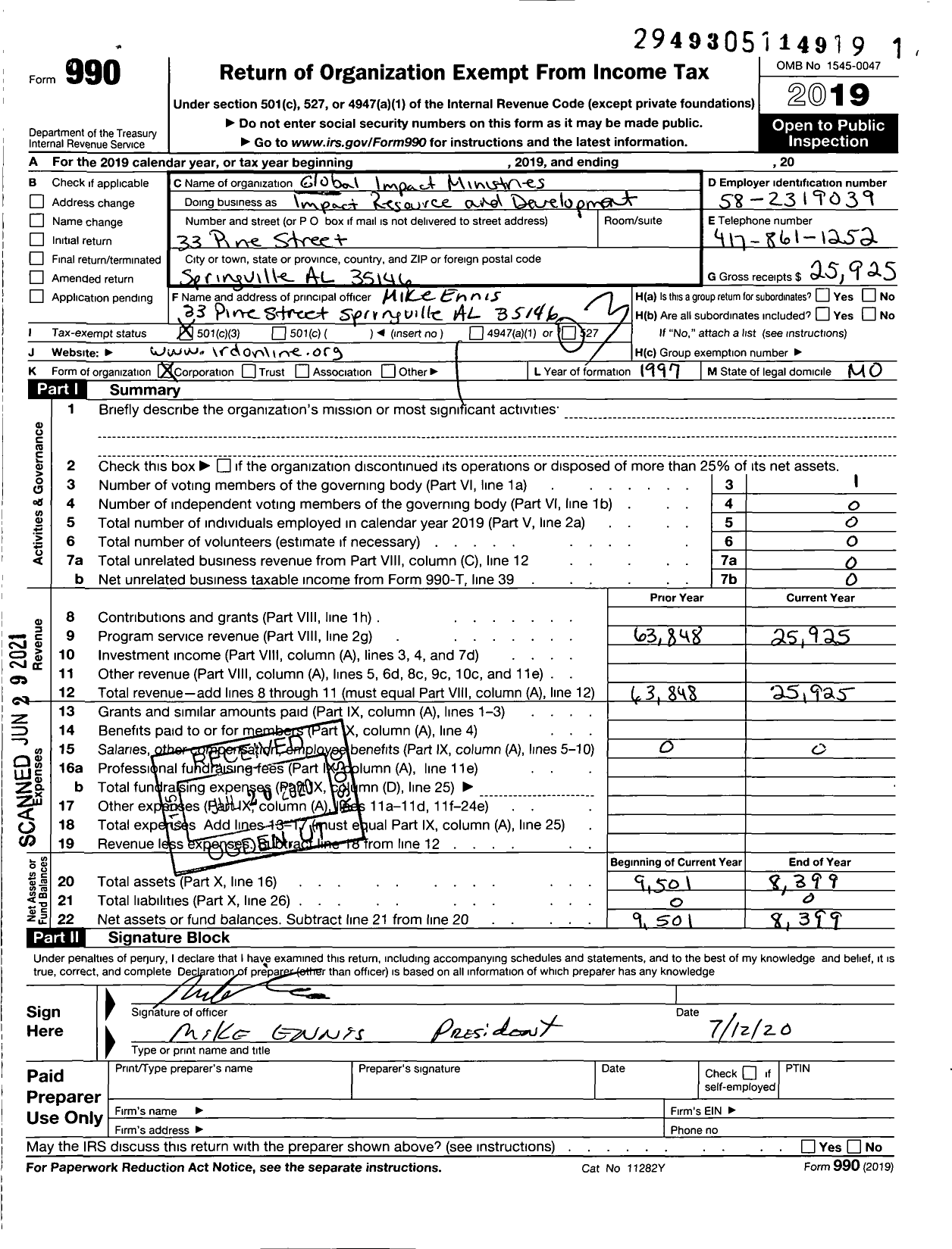 Image of first page of 2019 Form 990 for Impact Resource and Development