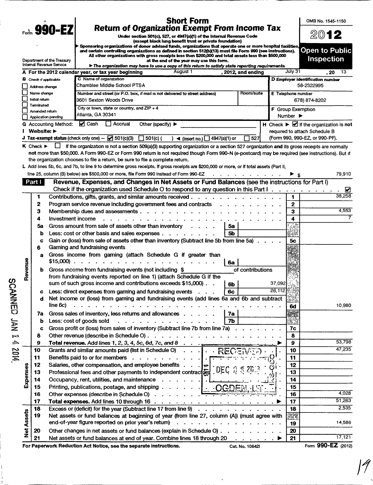 Image of first page of 2012 Form 990EZ for Chamblee Middle School Ptsa