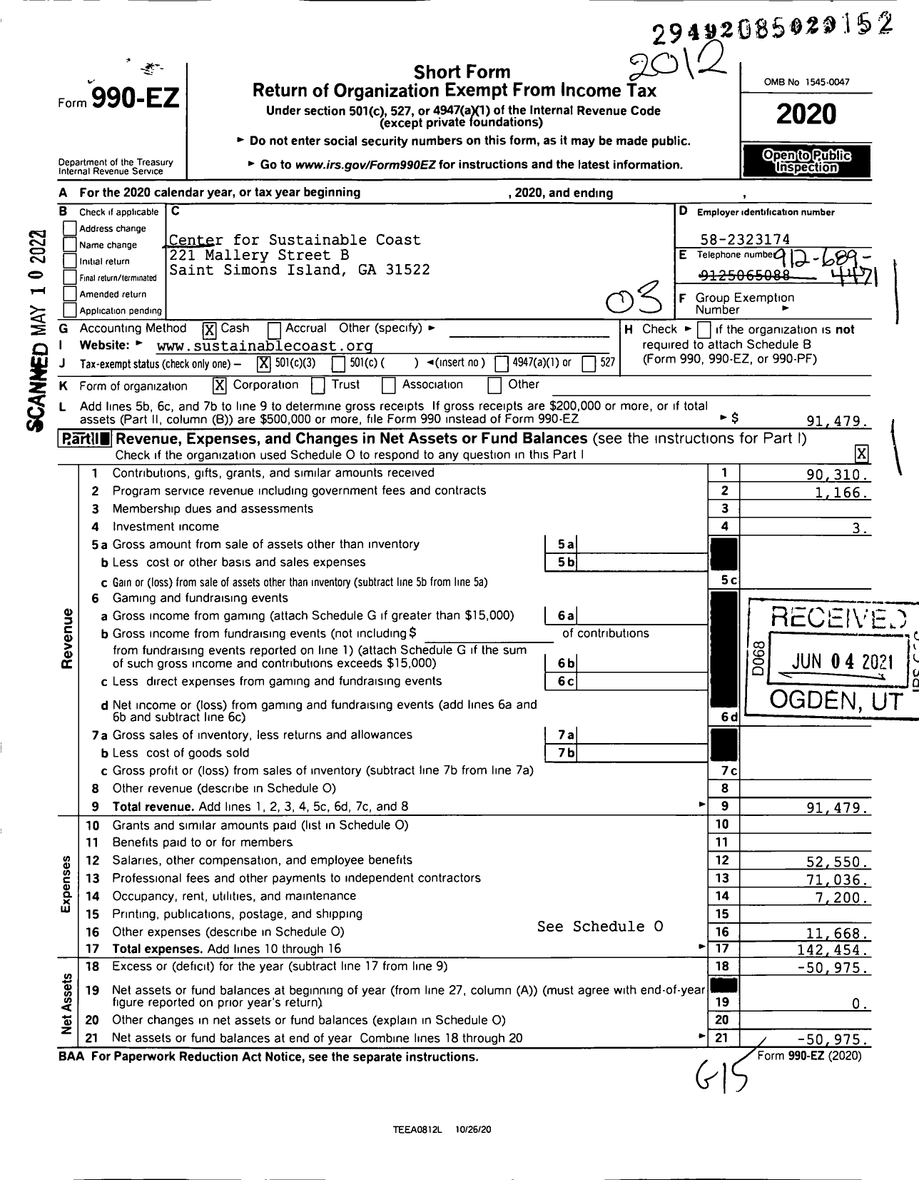 Image of first page of 2020 Form 990EZ for Center for Sustainable Coast