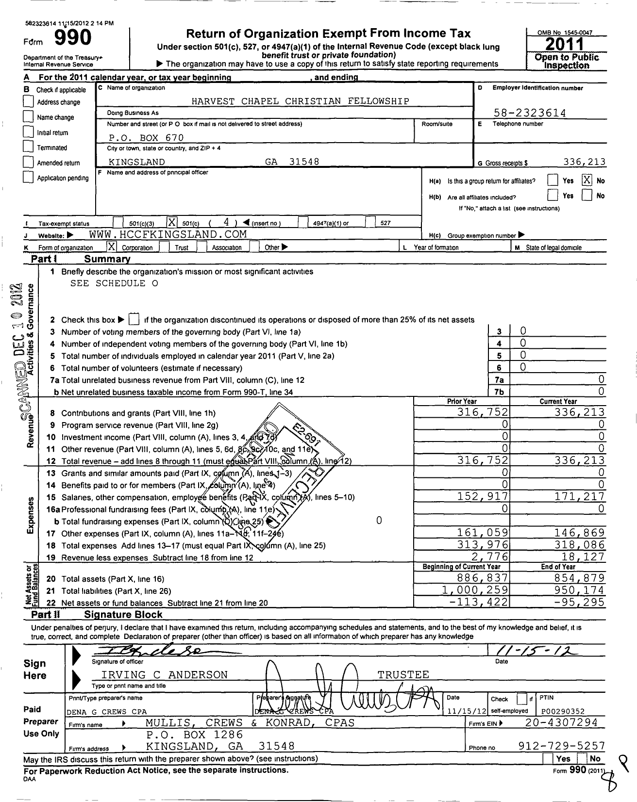 Image of first page of 2011 Form 990O for Harvest Chapel Christian Fellowship