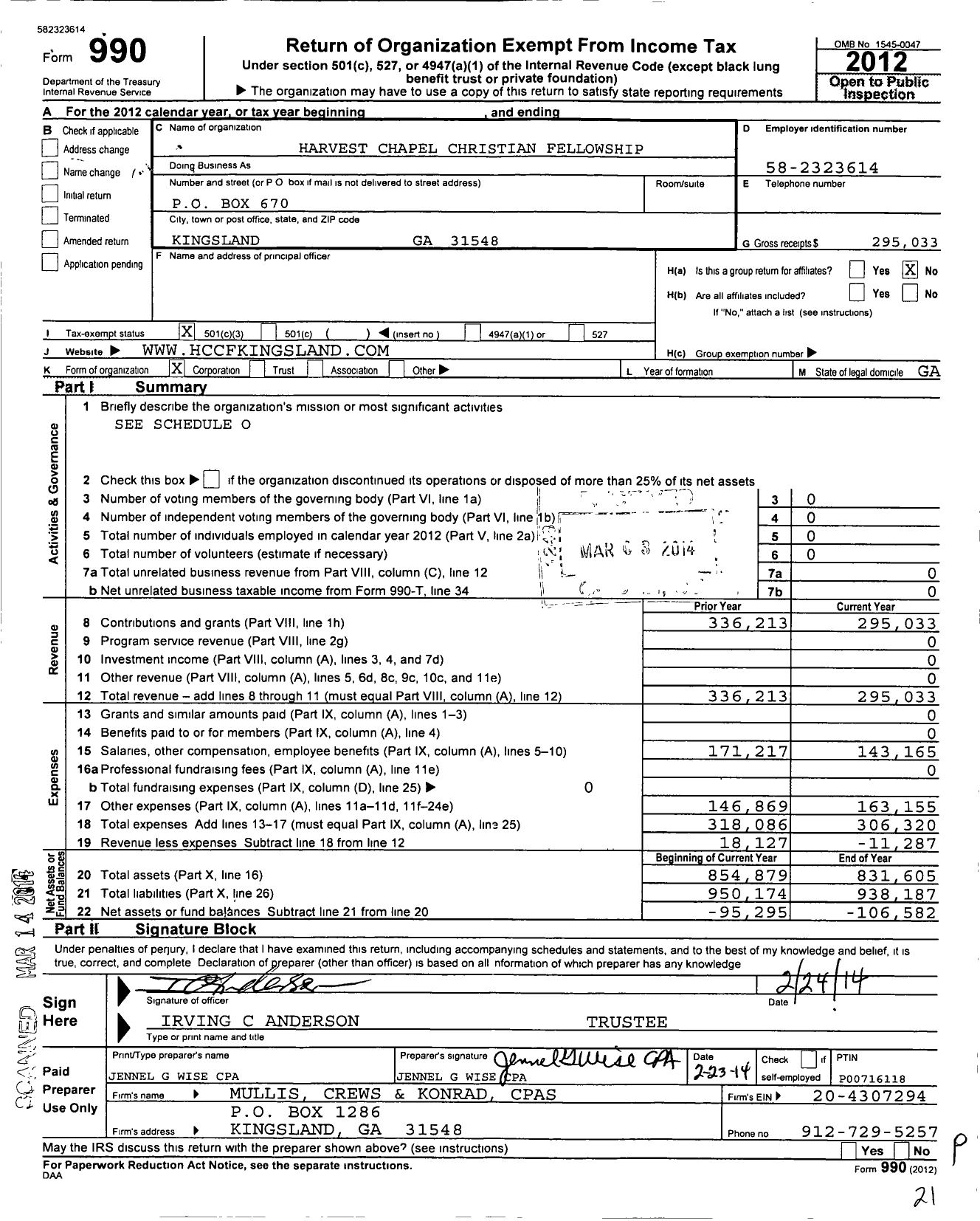 Image of first page of 2012 Form 990 for Harvest Chapel Christian Fellowship