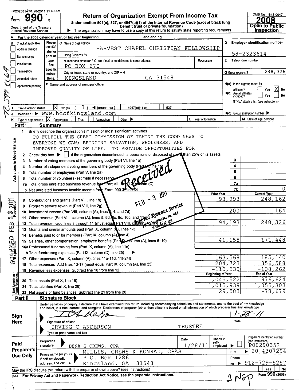 Image of first page of 2008 Form 990 for Harvest Chapel Christian Fellowship