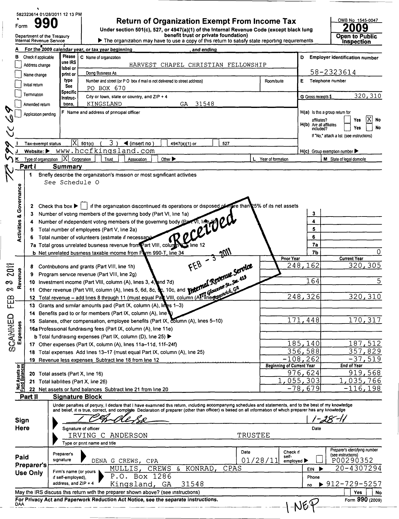 Image of first page of 2009 Form 990 for Harvest Chapel Christian Fellowship