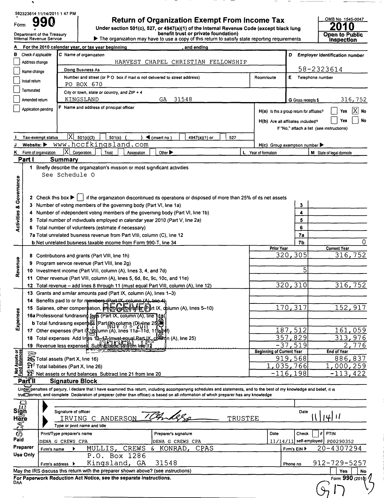 Image of first page of 2010 Form 990 for Harvest Chapel Christian Fellowship