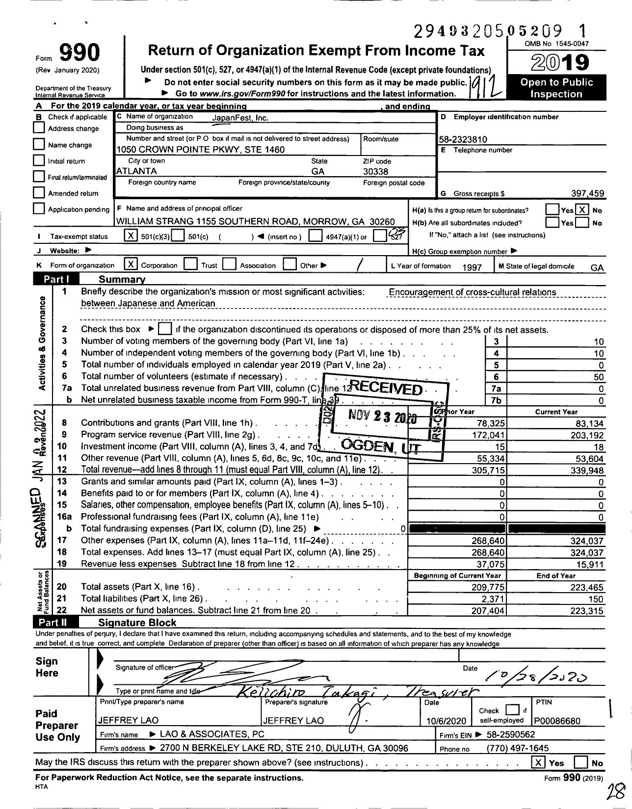 Image of first page of 2019 Form 990 for JapanFest