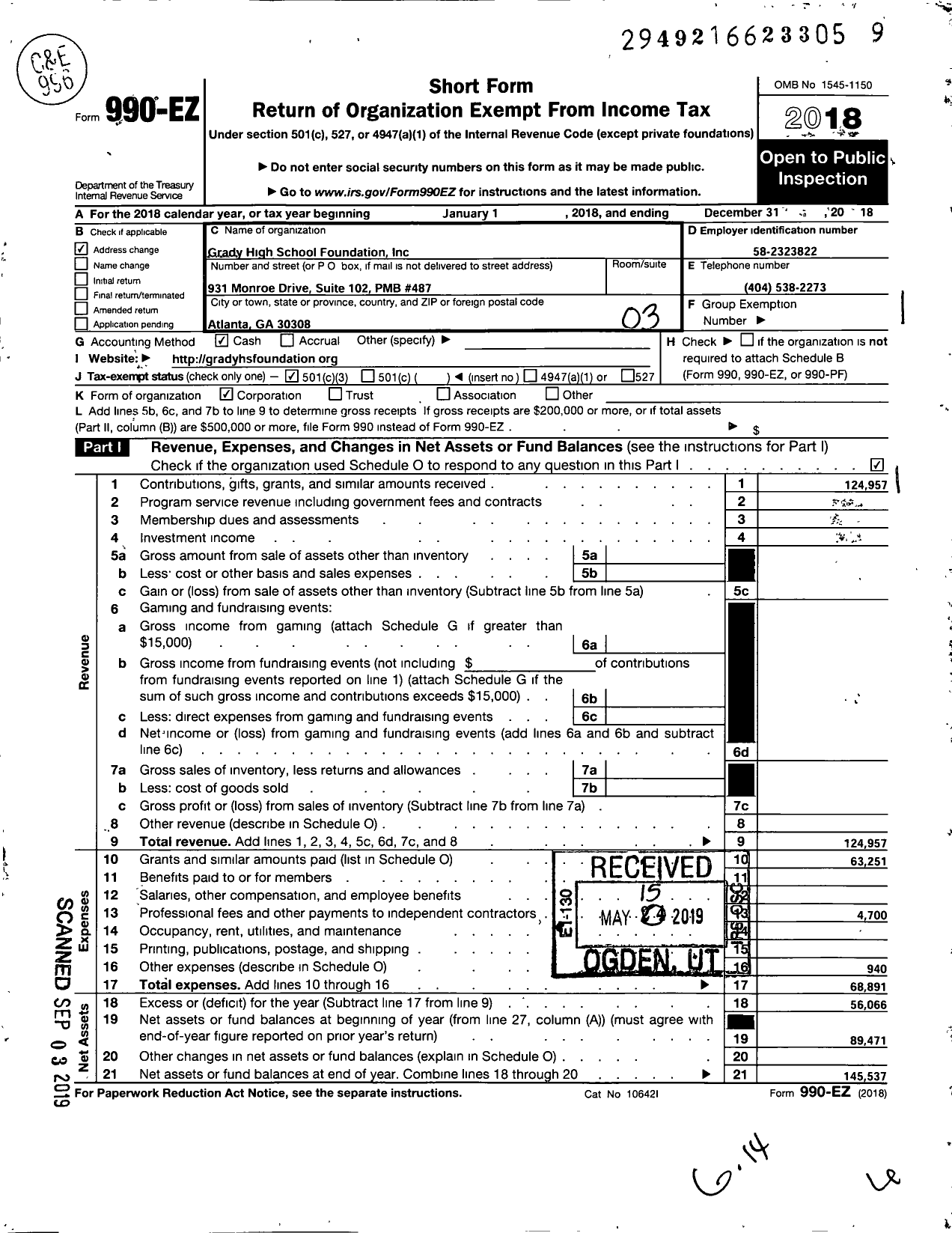 Image of first page of 2018 Form 990EZ for Midtown High School Foundation