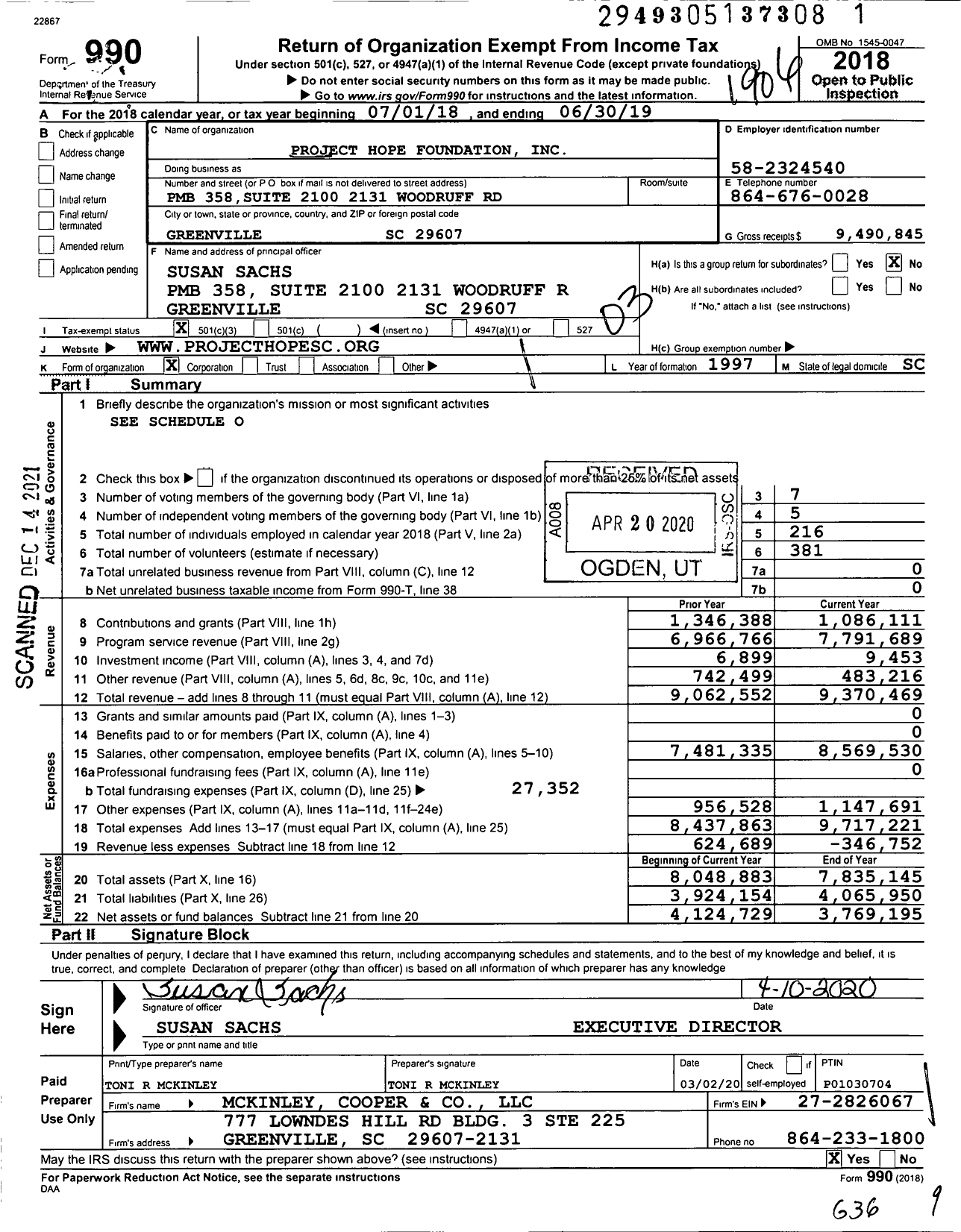 Image of first page of 2018 Form 990 for Project Hope Foundation