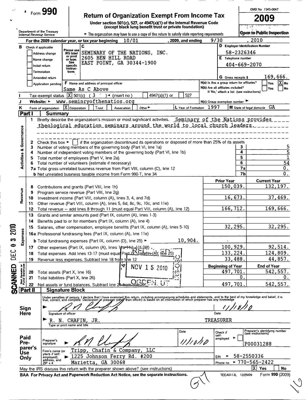 Image of first page of 2009 Form 990 for Seminary of the Nations