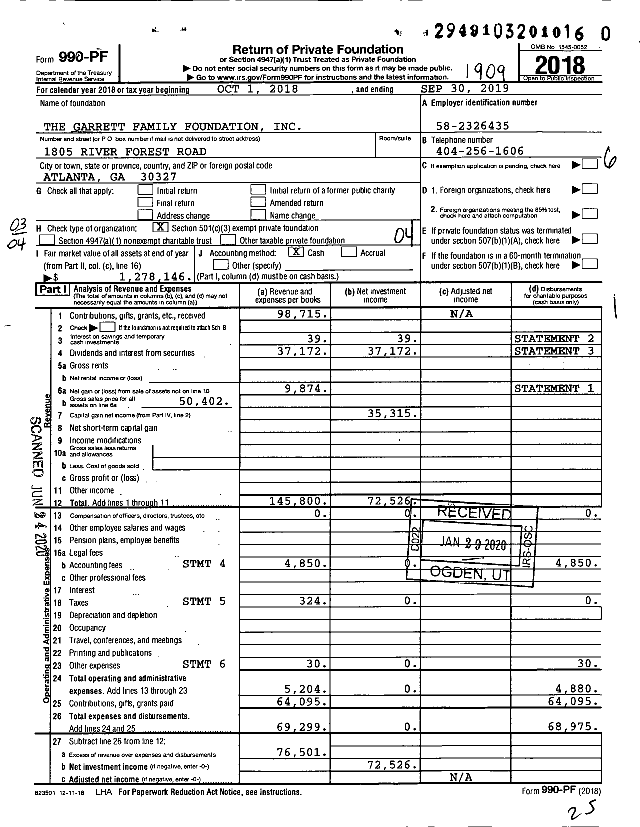 Image of first page of 2018 Form 990PR for The Garrett Family Foundation