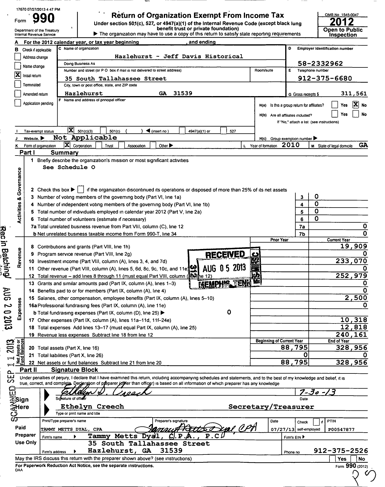 Image of first page of 2012 Form 990 for Hazlehurst Jeff Davis County Historical Museum Society