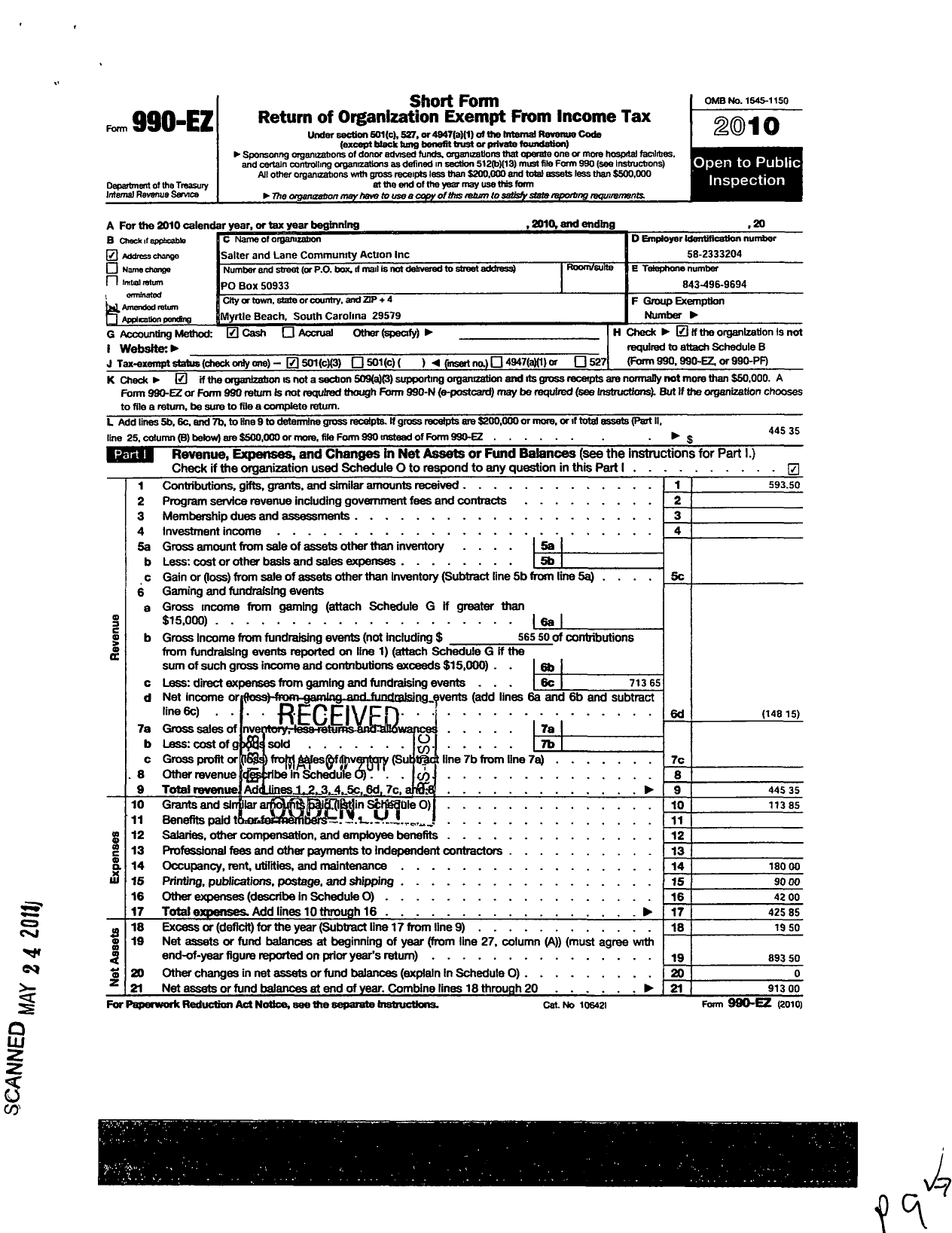 Image of first page of 2010 Form 990EZ for Salters and Lane Community Action