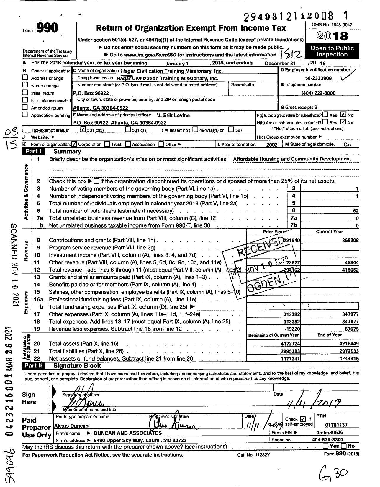 Image of first page of 2018 Form 990 for Hagar Civilization Training Missionary