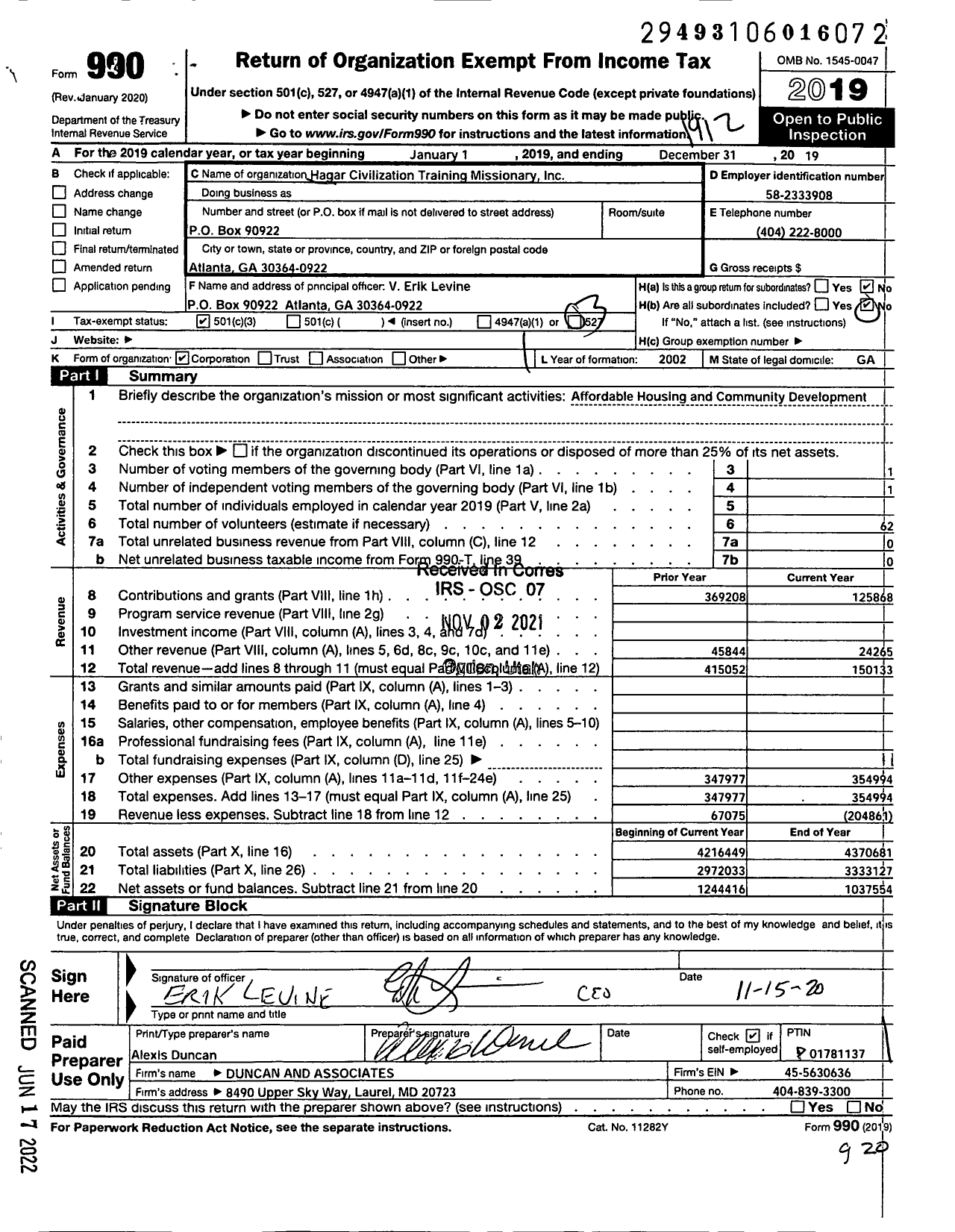 Image of first page of 2019 Form 990 for Hagar Civilization Training Missionary