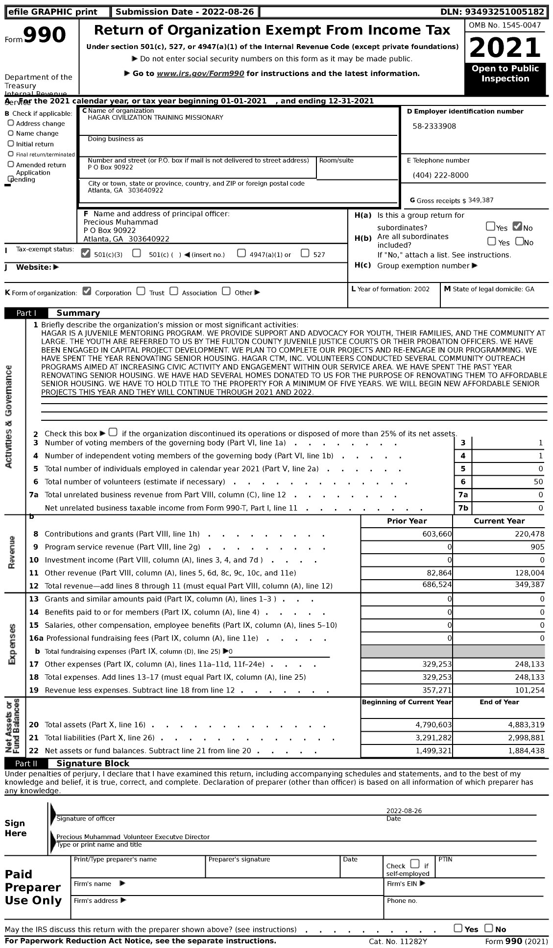 Image of first page of 2021 Form 990 for Hagar Civilization Training Missionary