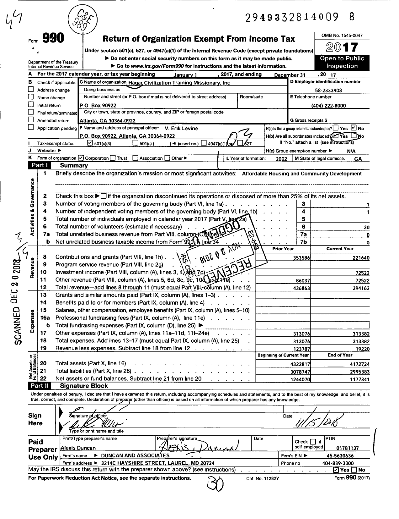 Image of first page of 2017 Form 990 for Hagar Civilization Training Missionary