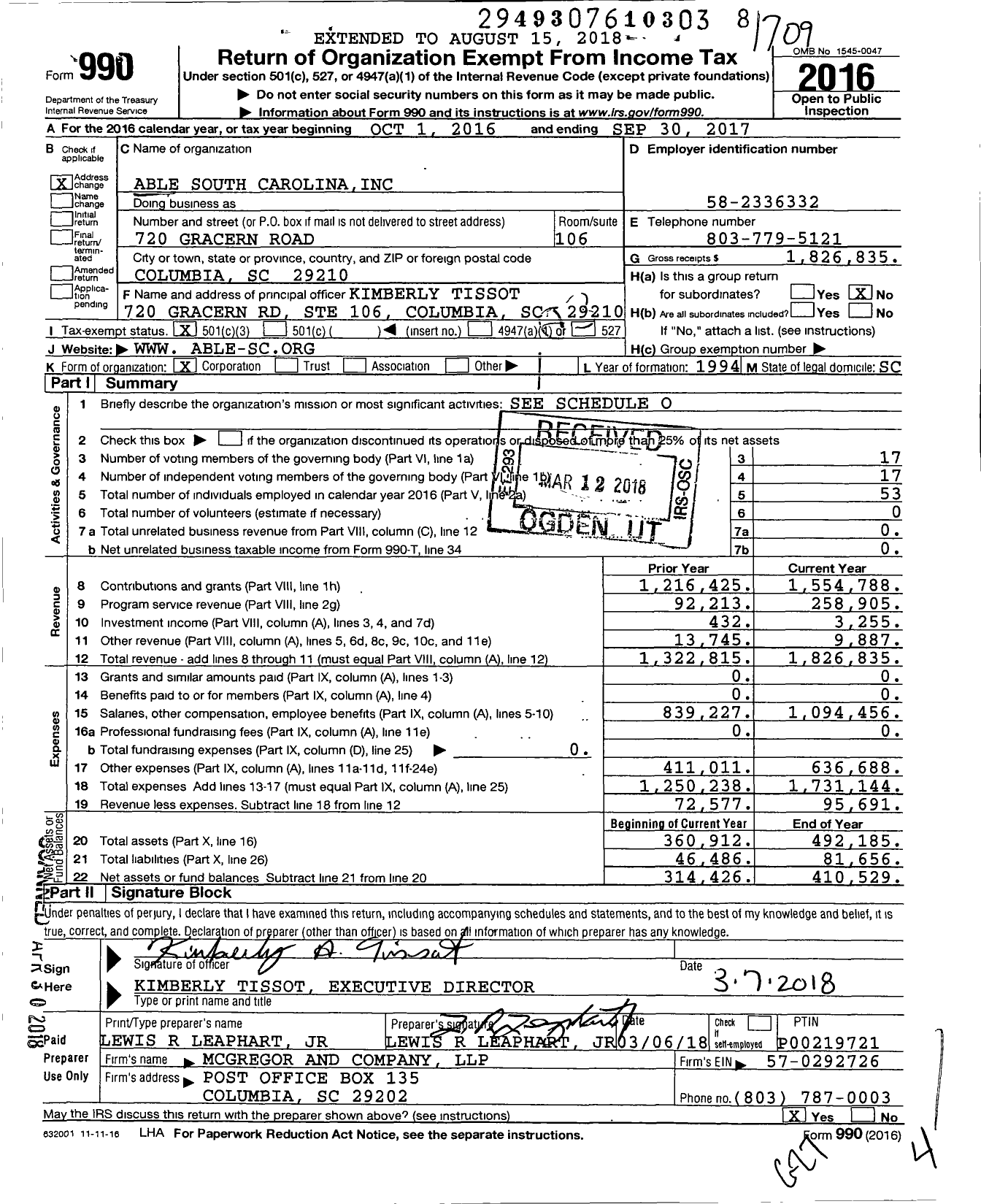 Image of first page of 2016 Form 990 for Able South Carolina