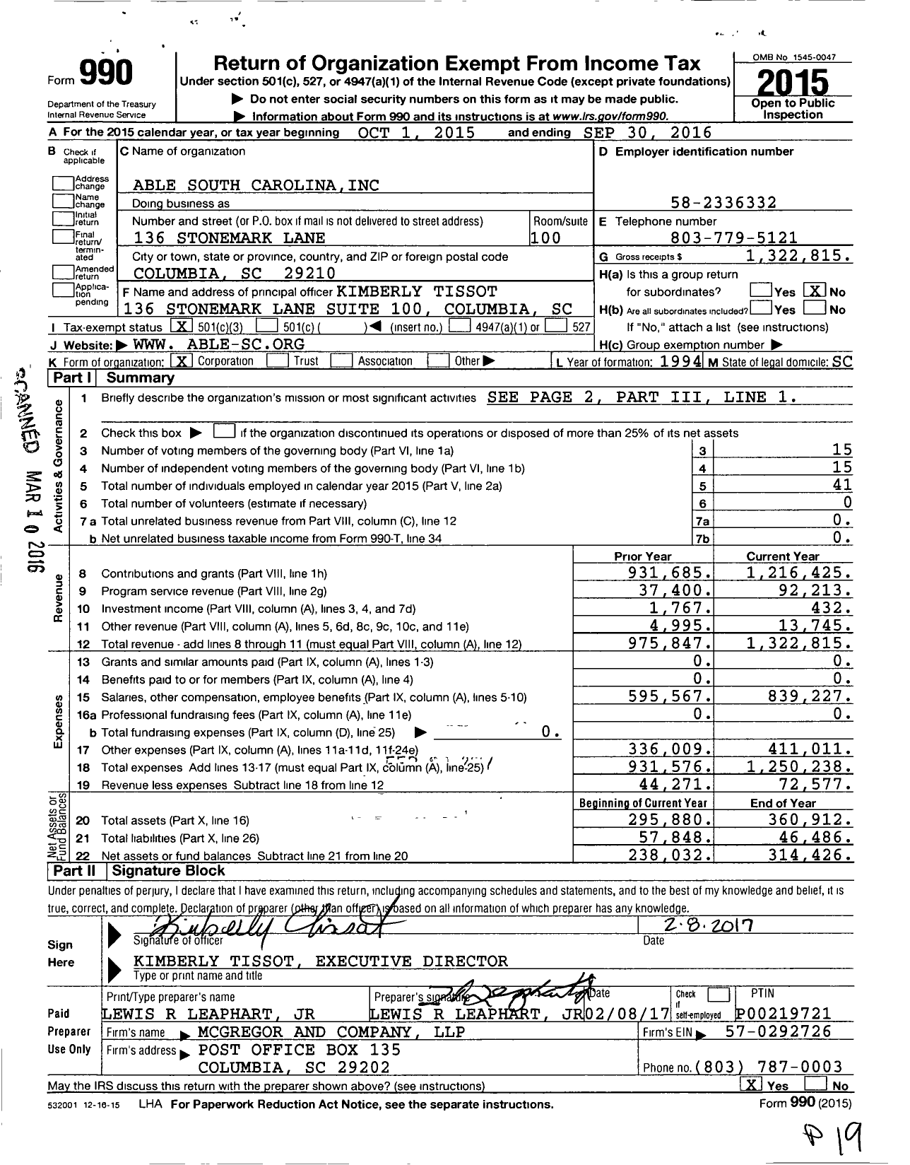 Image of first page of 2015 Form 990 for Able South Carolina