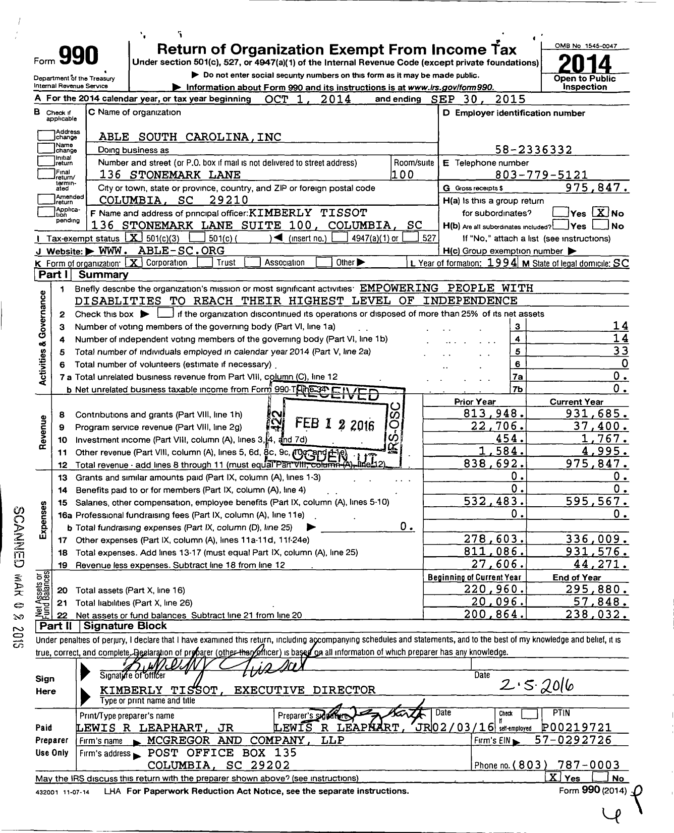Image of first page of 2014 Form 990 for Able South Carolina