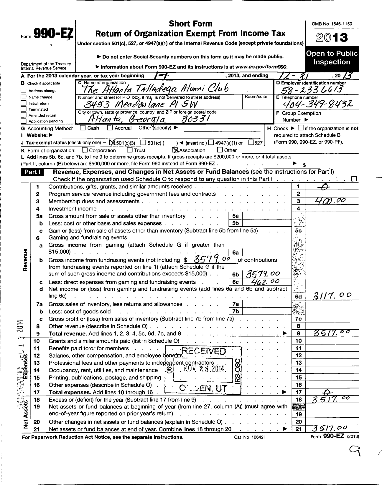 Image of first page of 2013 Form 990EZ for Talladega College National Alumni Association / Atlanta Chapter