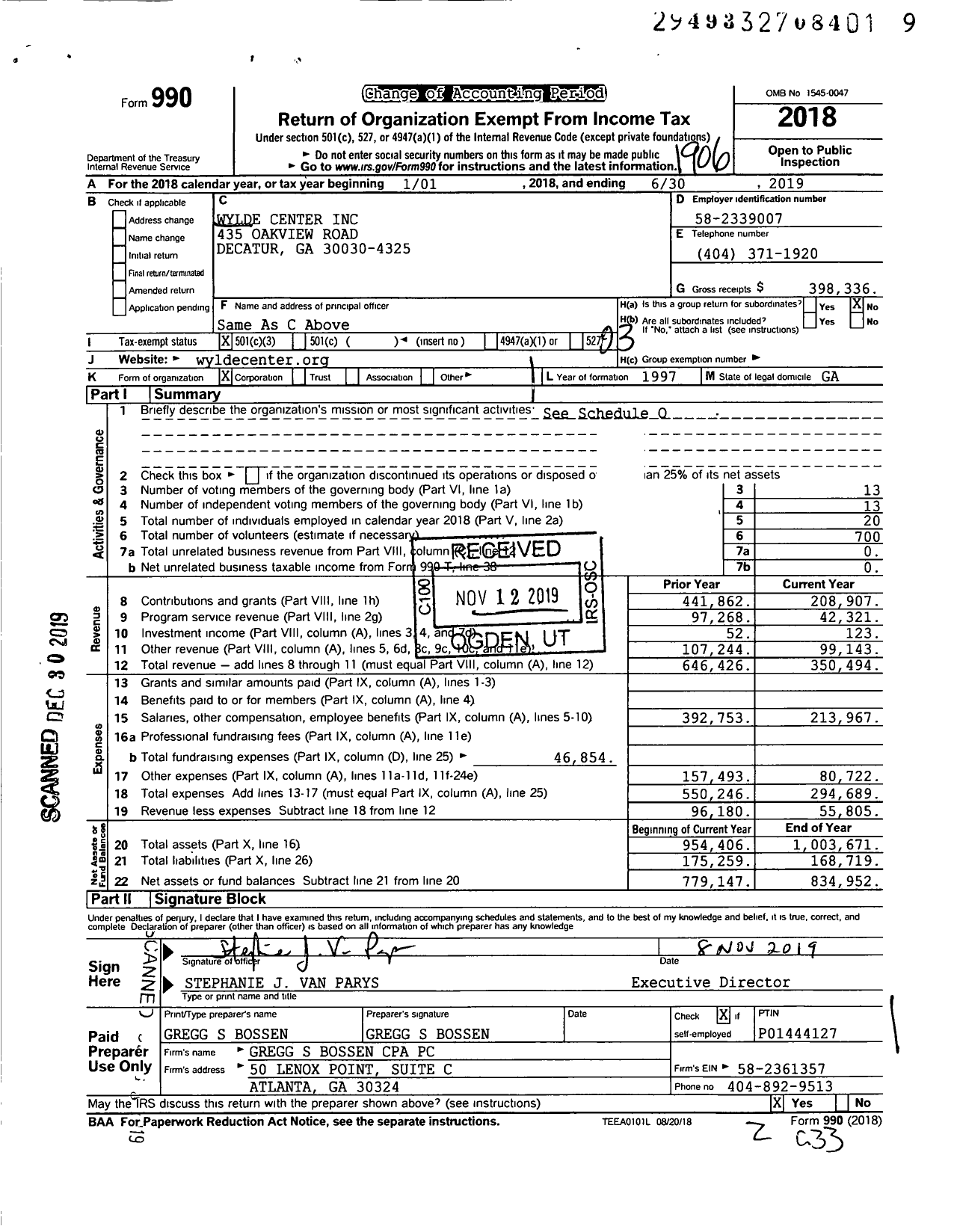 Image of first page of 2018 Form 990 for Wylde Center