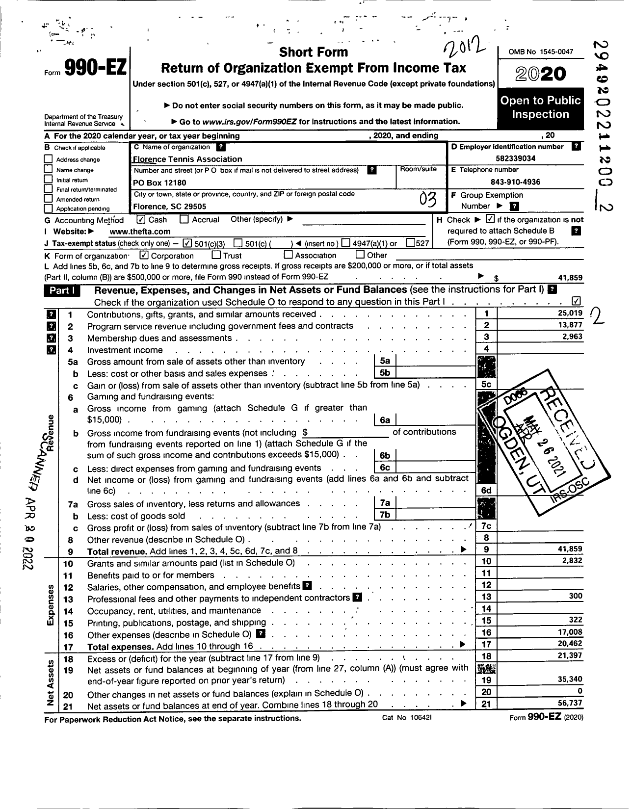 Image of first page of 2020 Form 990EZ for Florence Tennis Association