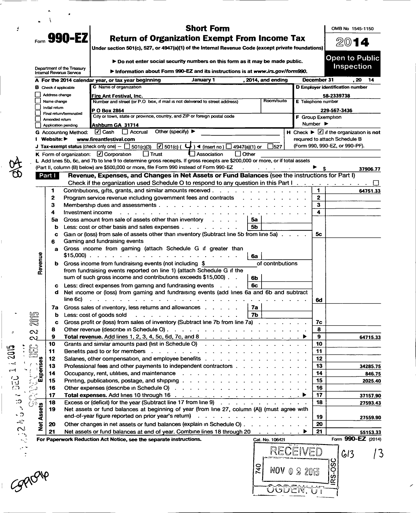 Image of first page of 2014 Form 990EO for Fire Ant Festival