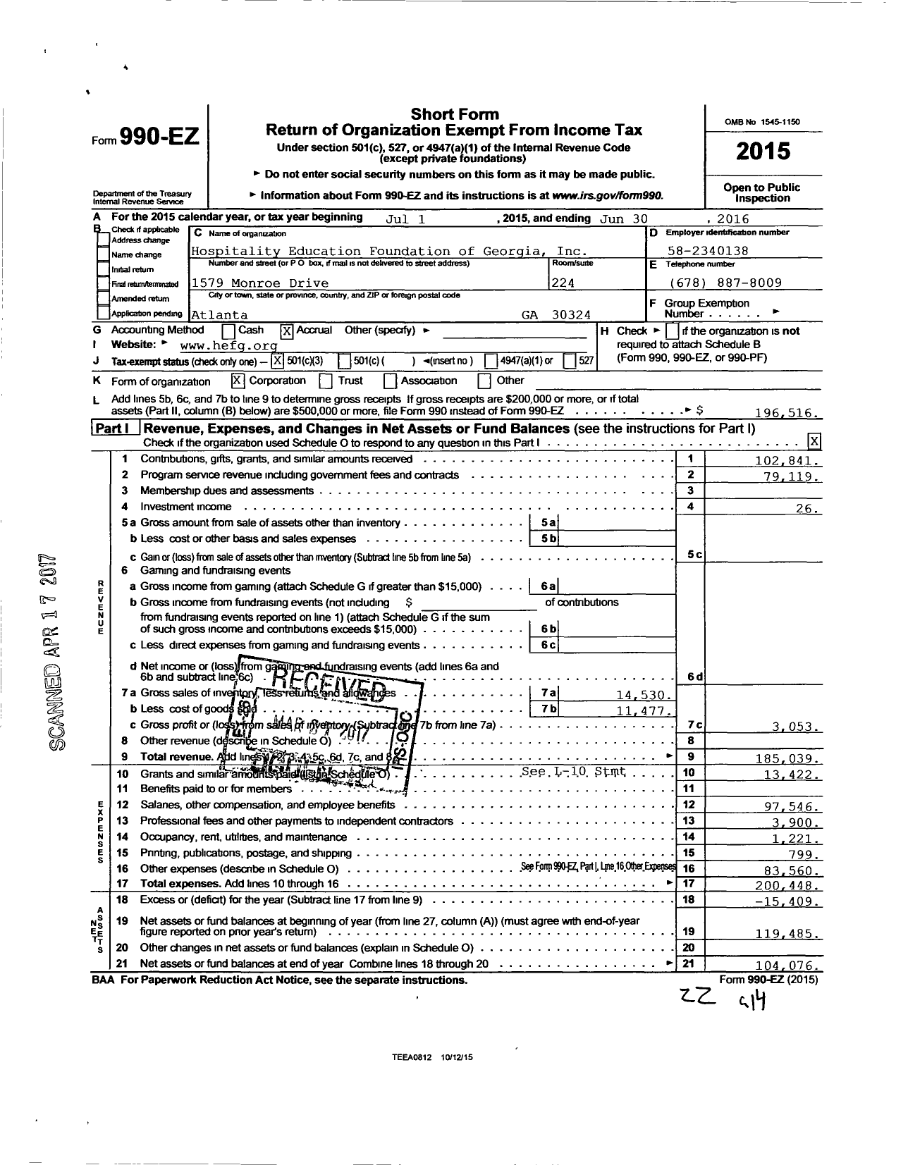 Image of first page of 2015 Form 990EZ for Hospitality Education Foundation of Georgia