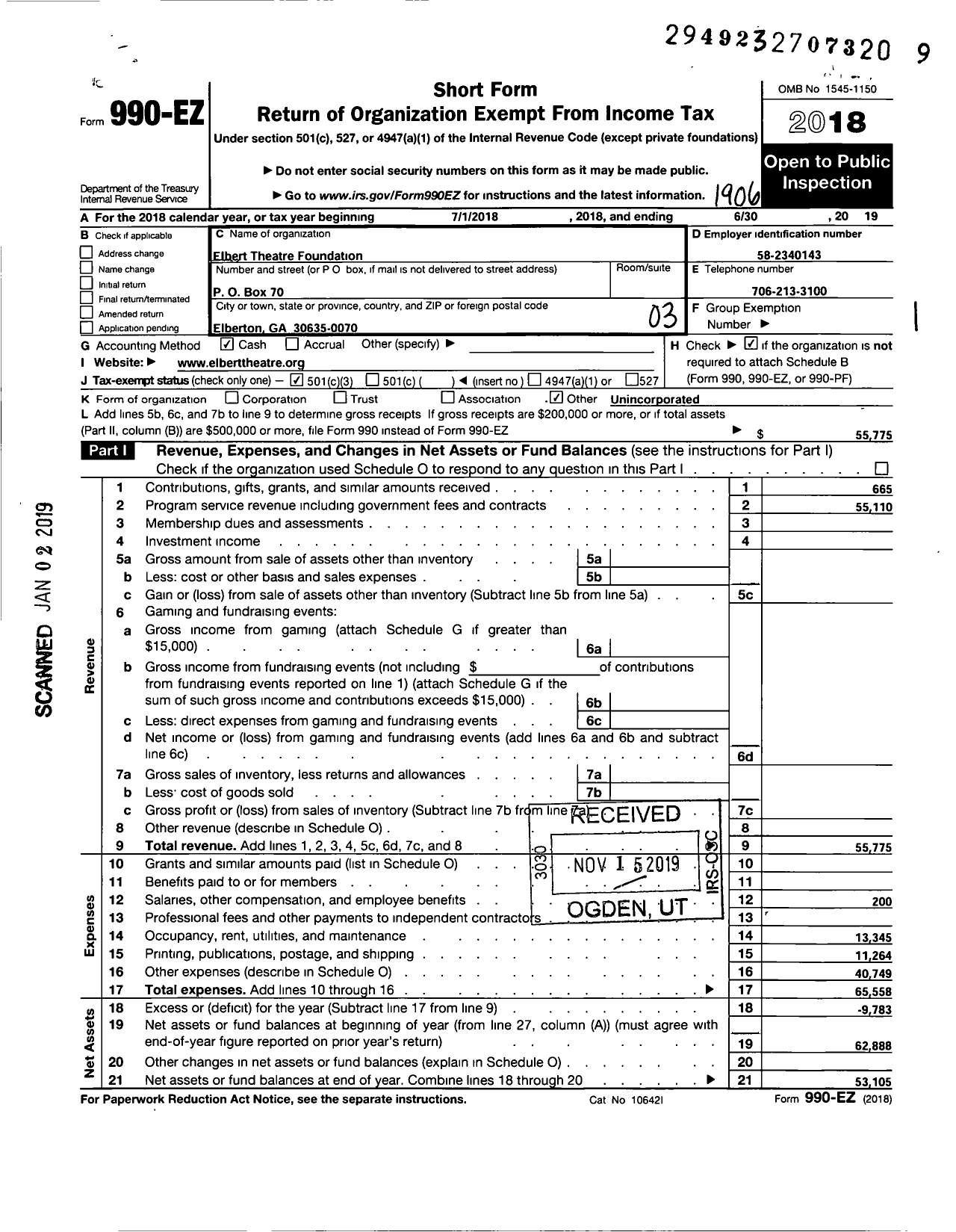 Image of first page of 2018 Form 990EZ for Elbert Theater Foundation