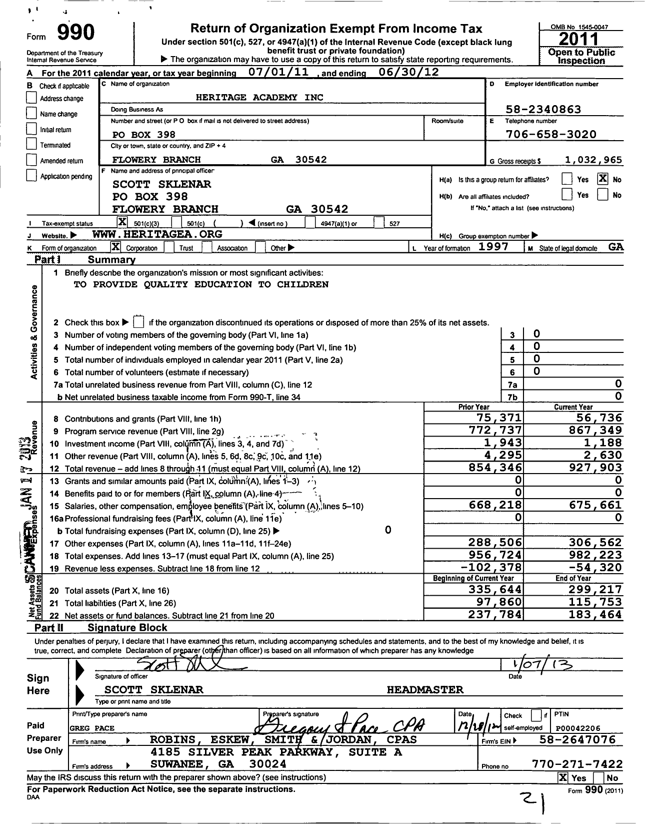 Image of first page of 2011 Form 990 for Heritage Academy