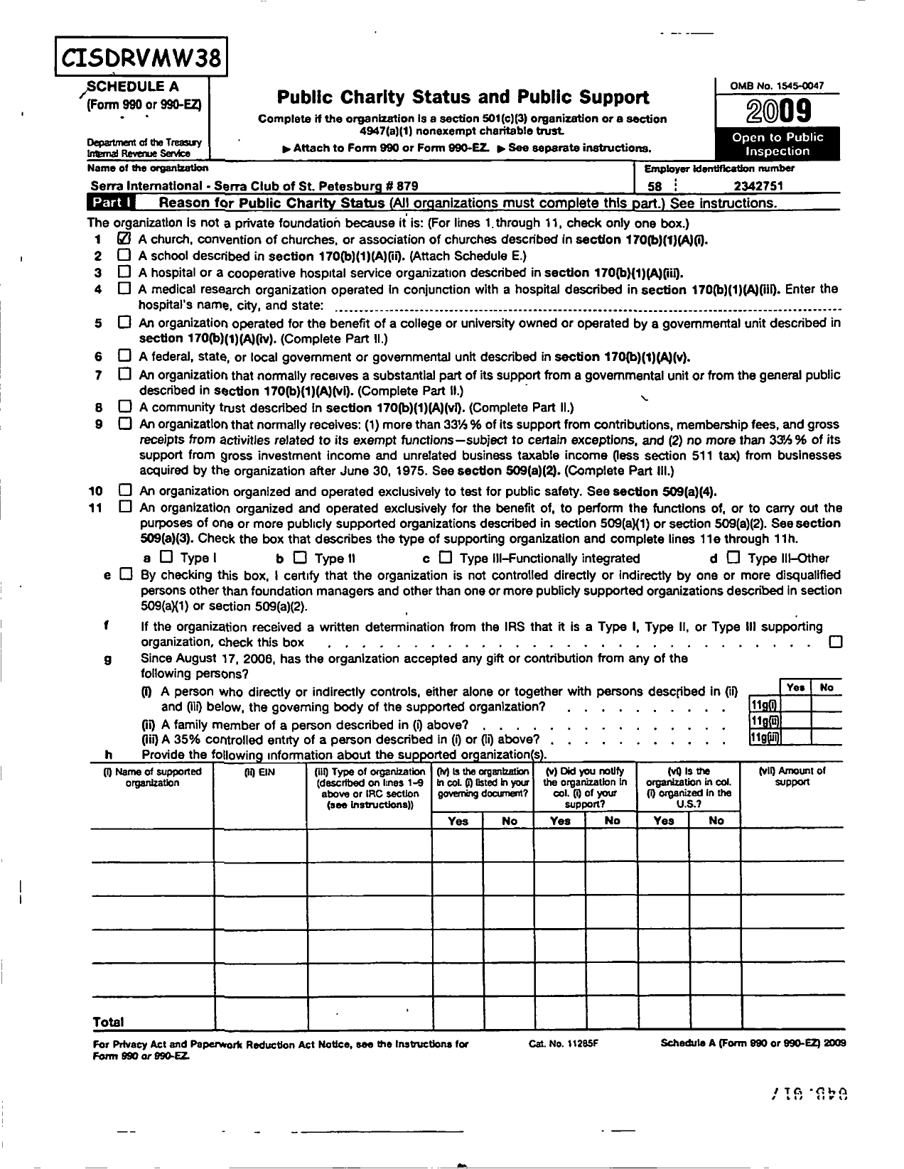 Image of first page of 2009 Form 990ER for Serra International - 879 St Petersburg FL