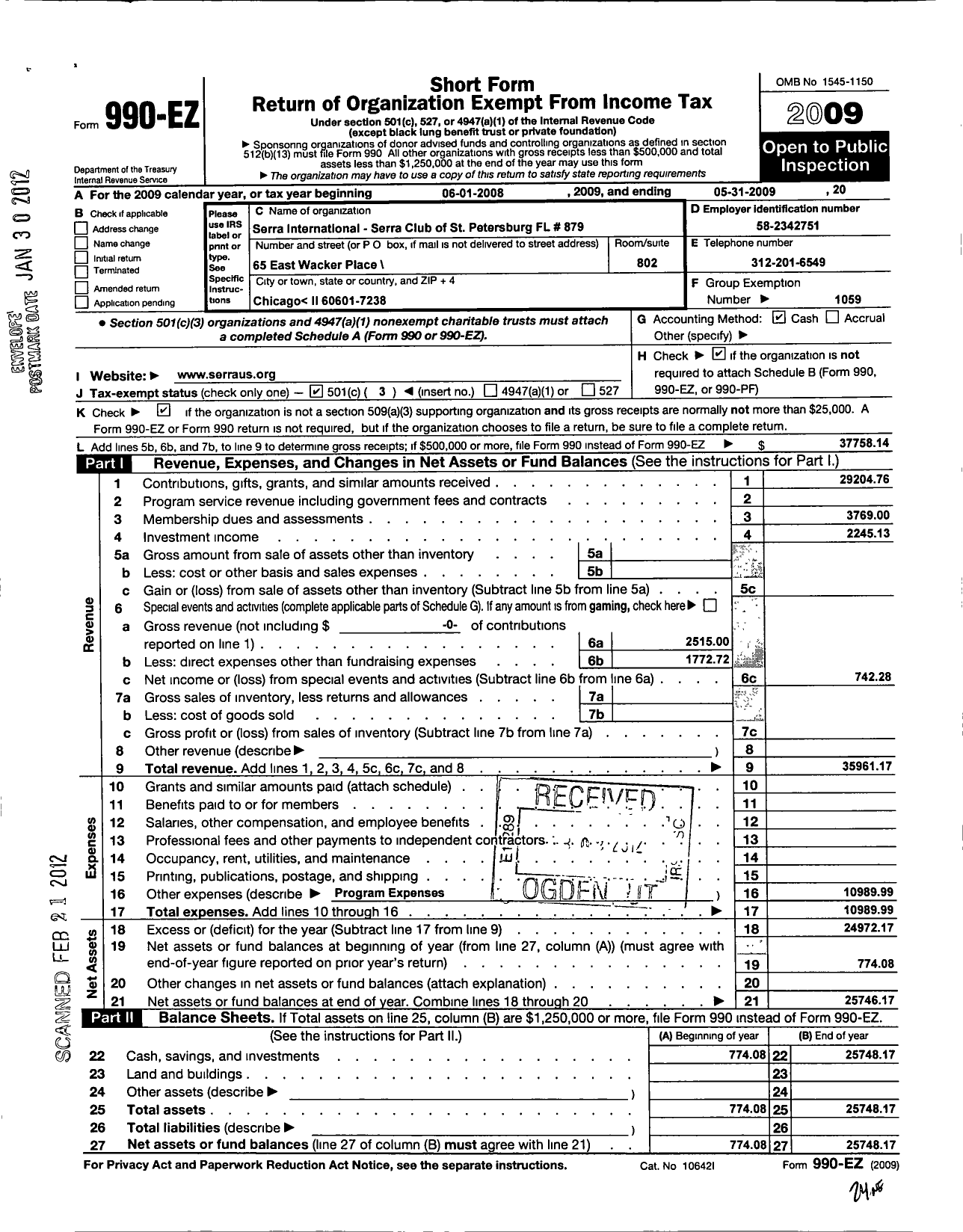 Image of first page of 2008 Form 990EZ for Serra International - 879 St Petersburg FL