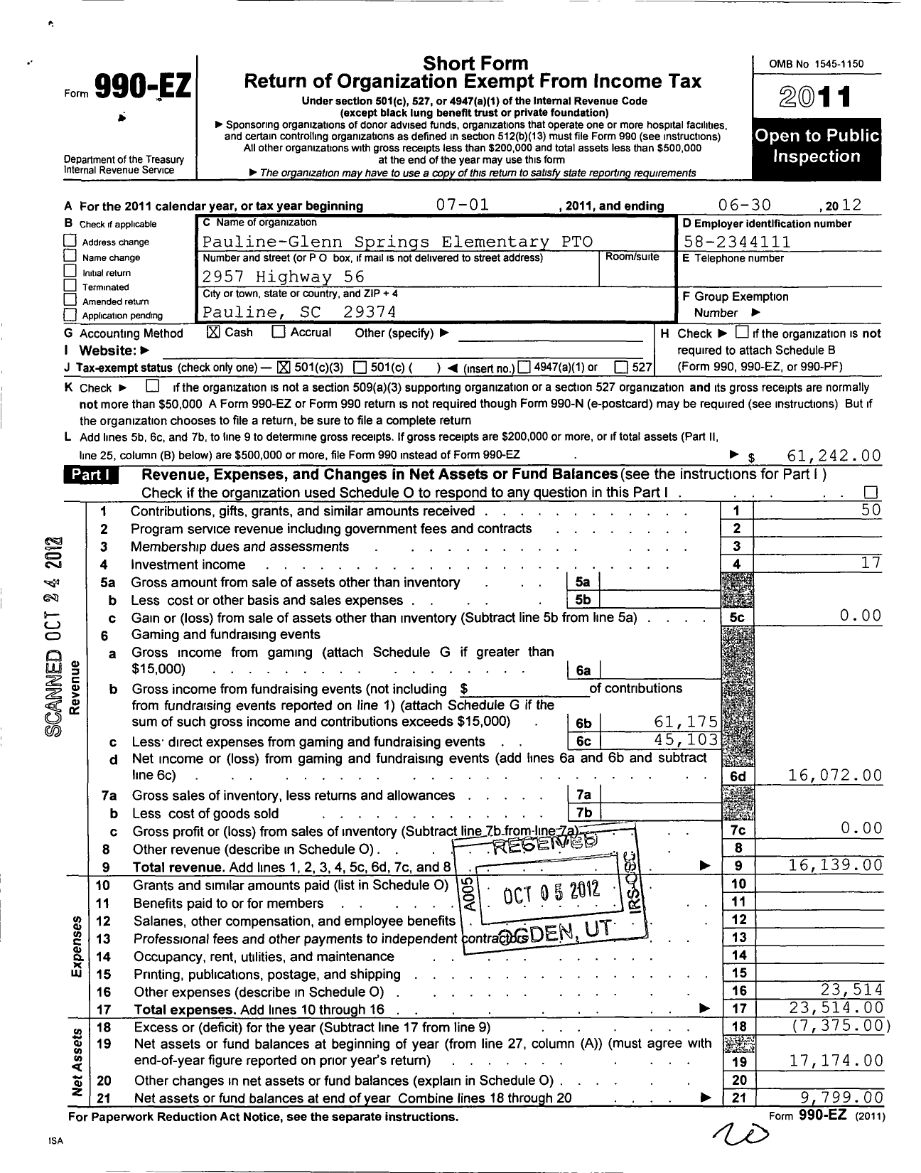 Image of first page of 2011 Form 990EZ for Pauline-Glenn Springs Elementary School Parent-Teacher Organization