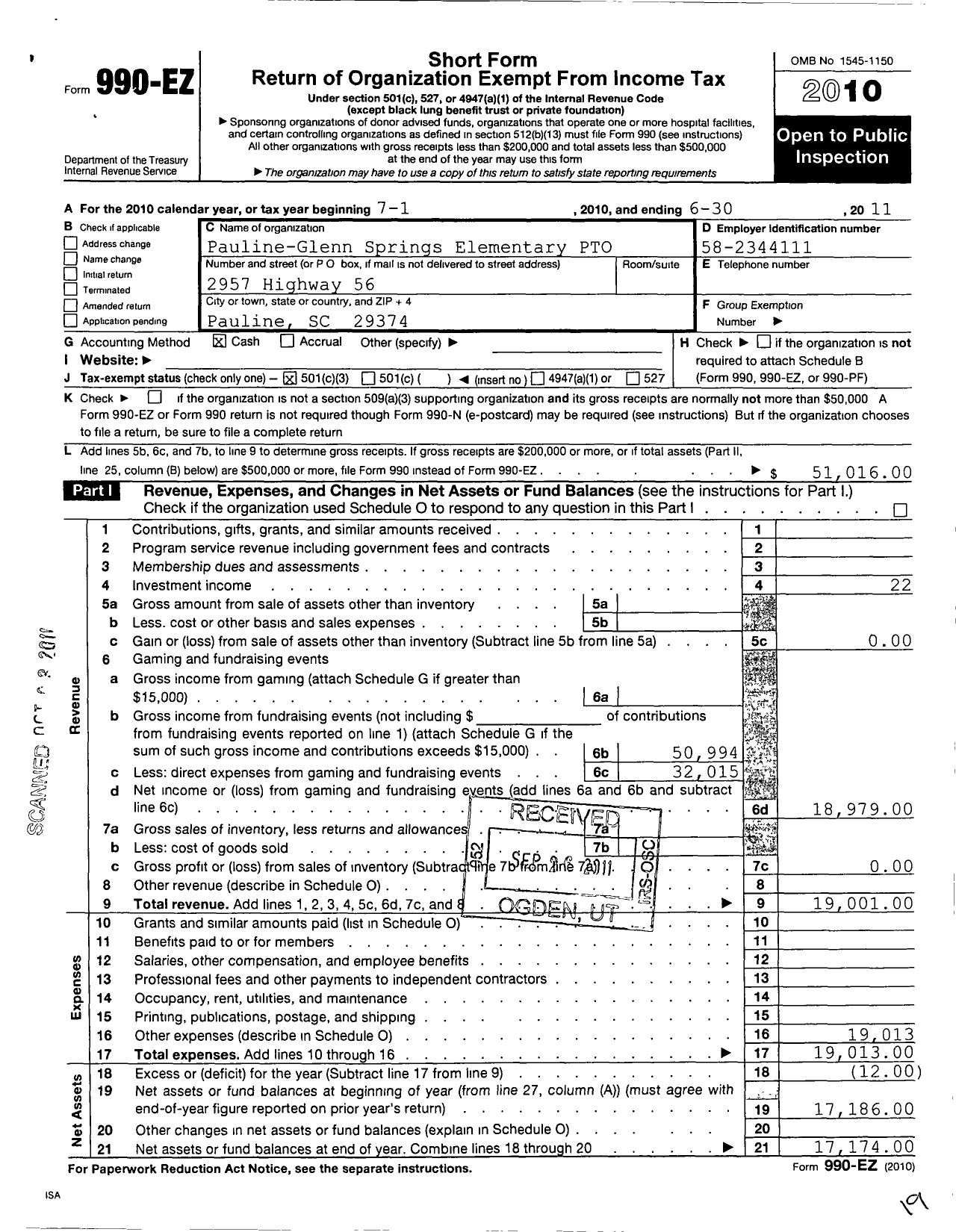 Image of first page of 2010 Form 990EZ for Pauline-Glenn Springs Elementary School Parent-Teacher Organization