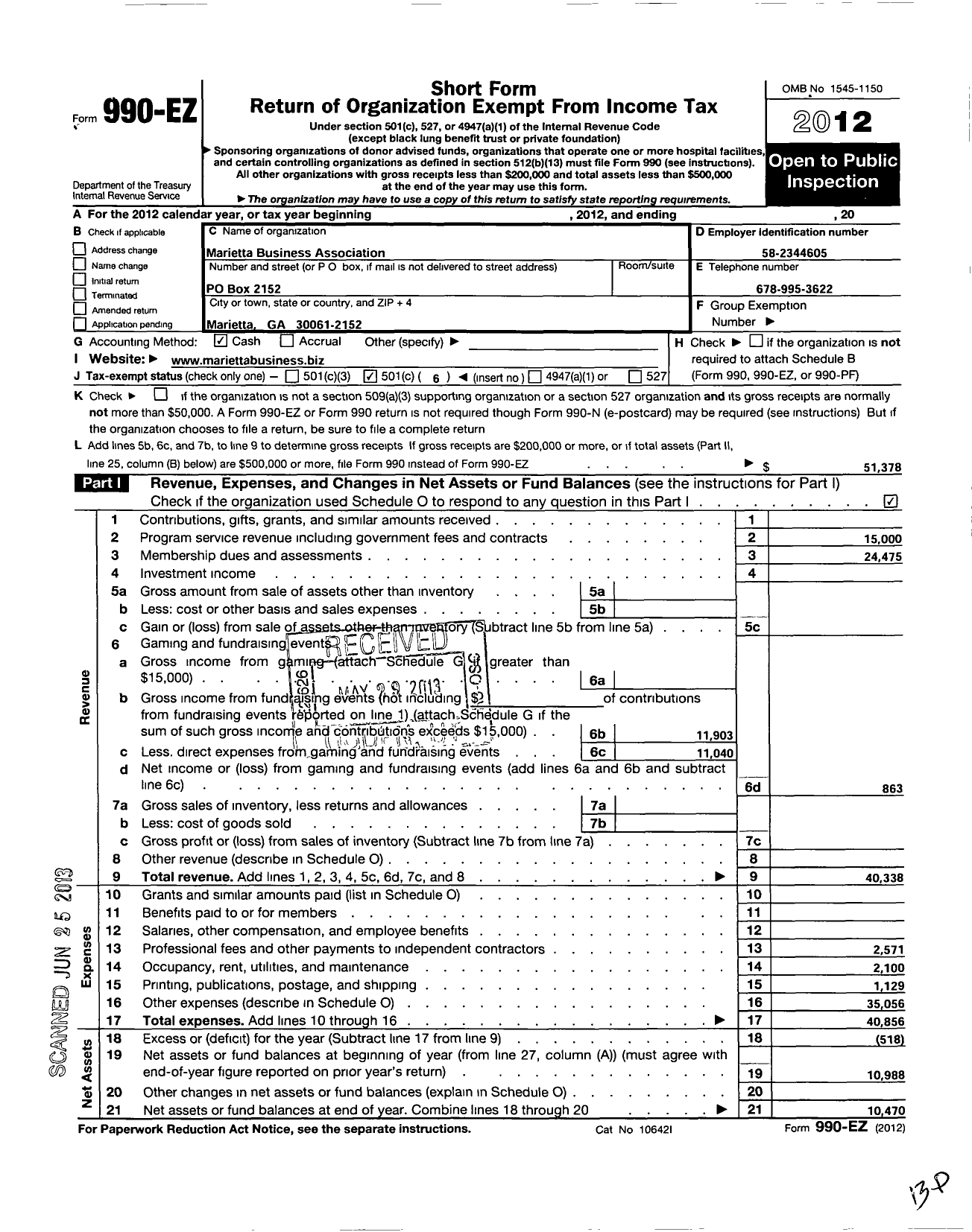 Image of first page of 2012 Form 990EO for Downtown Marietta Business Association in