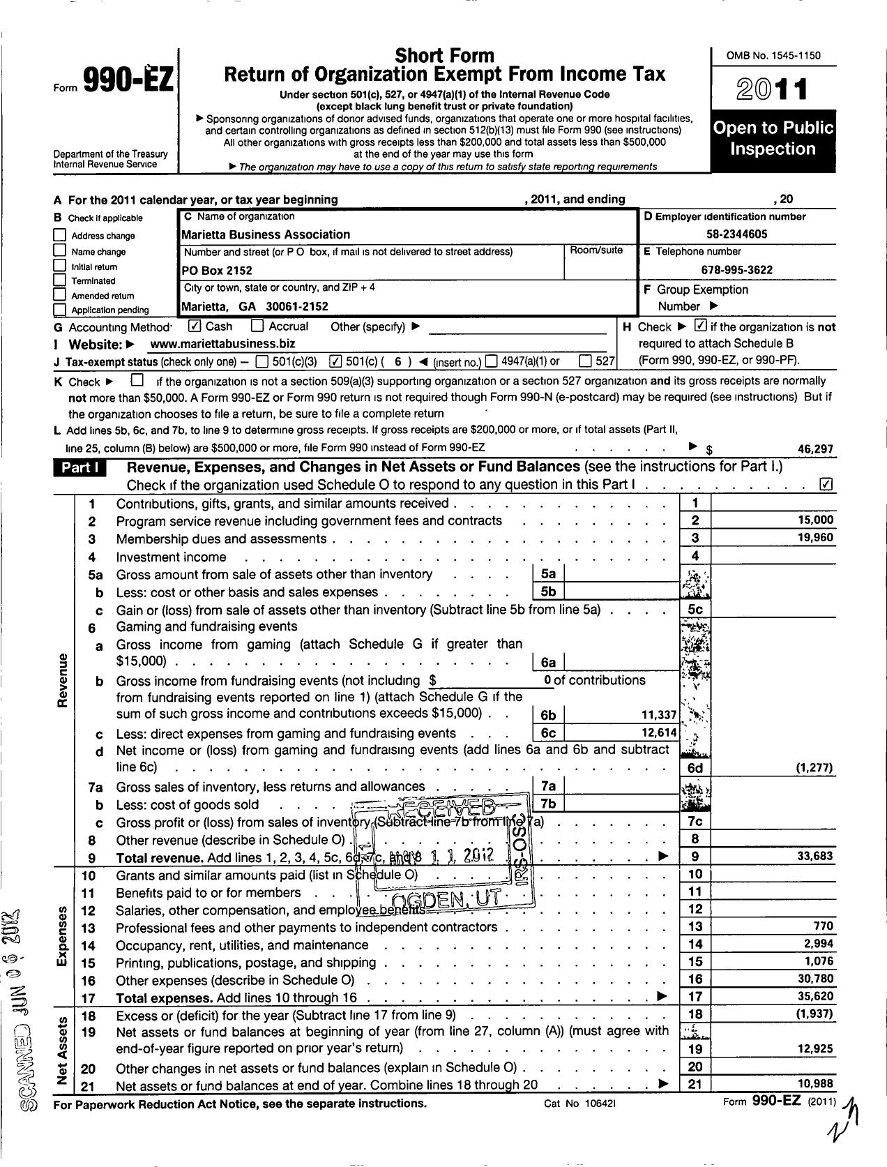 Image of first page of 2011 Form 990EO for Downtown Marietta Business Association in