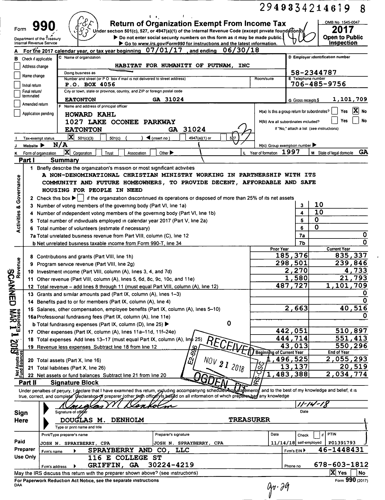 Image of first page of 2017 Form 990 for Habitat for Humanity of Putnam
