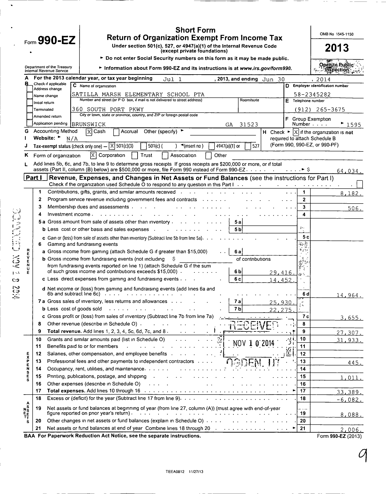 Image of first page of 2013 Form 990EZ for Georgia PTA - Satilla Marsh Es PTA