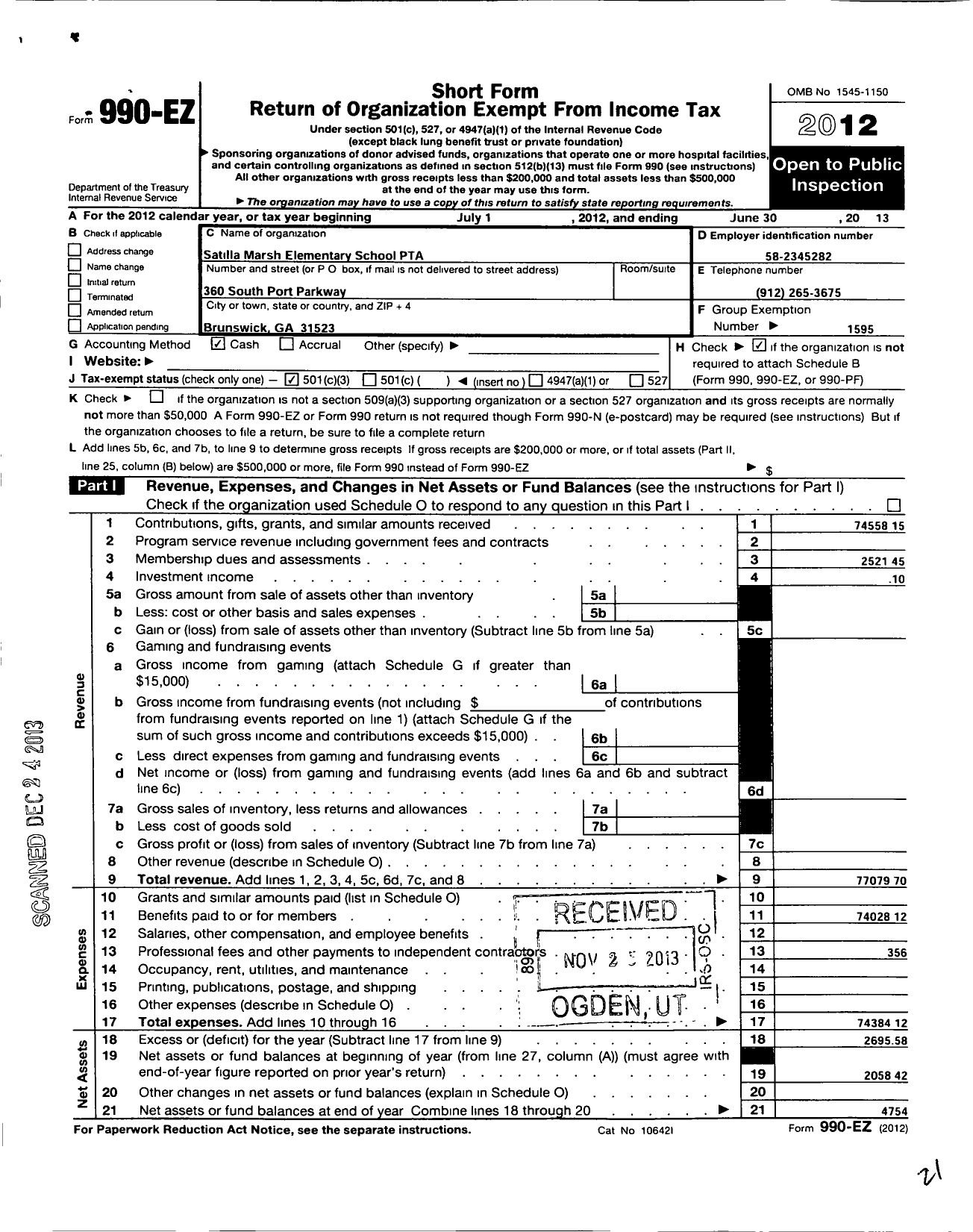 Image of first page of 2012 Form 990EZ for Georgia PTA - Satilla Marsh Es PTA