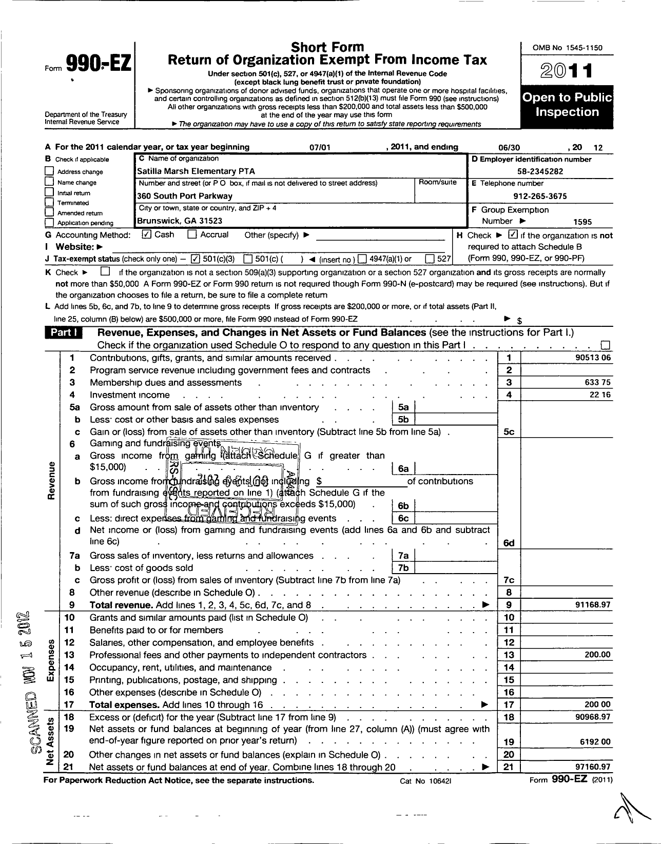 Image of first page of 2011 Form 990EZ for Georgia PTA - Satilla Marsh Es PTA