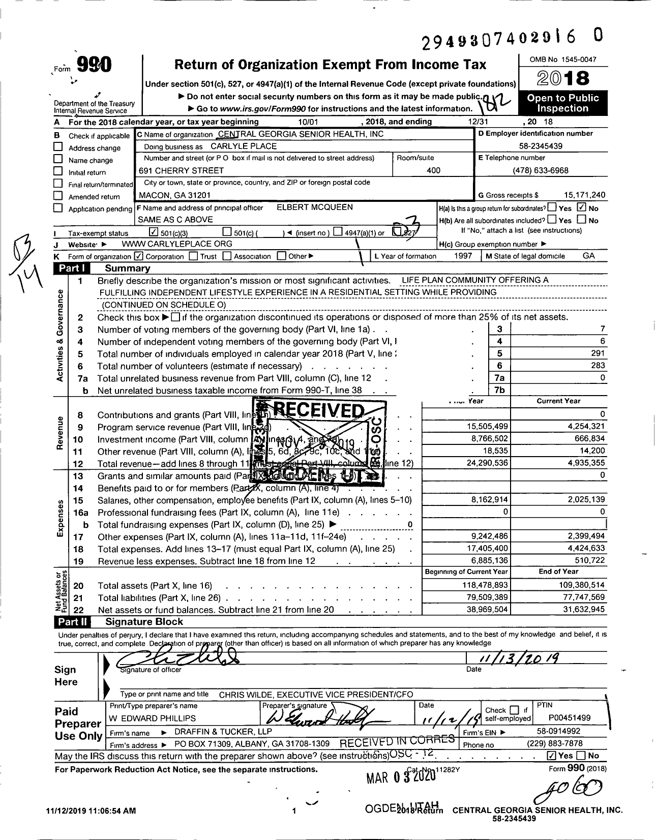 Image of first page of 2018 Form 990 for Carlyle Place