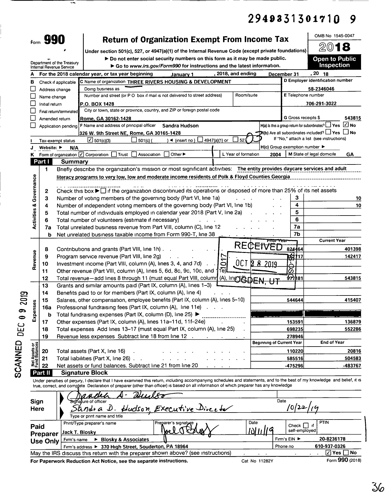 Image of first page of 2018 Form 990 for Three Rivers Housing & Development / House of the Children Academy