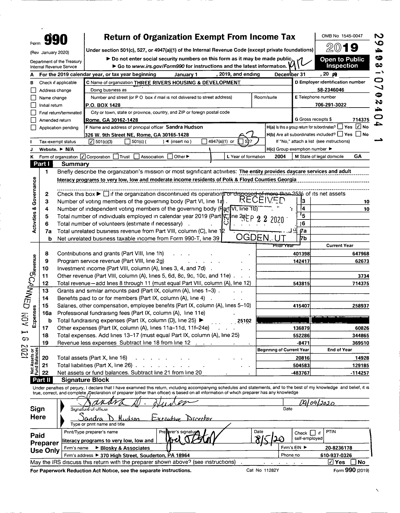Image of first page of 2019 Form 990 for Three Rivers Housing & Development / House of the Children Academy
