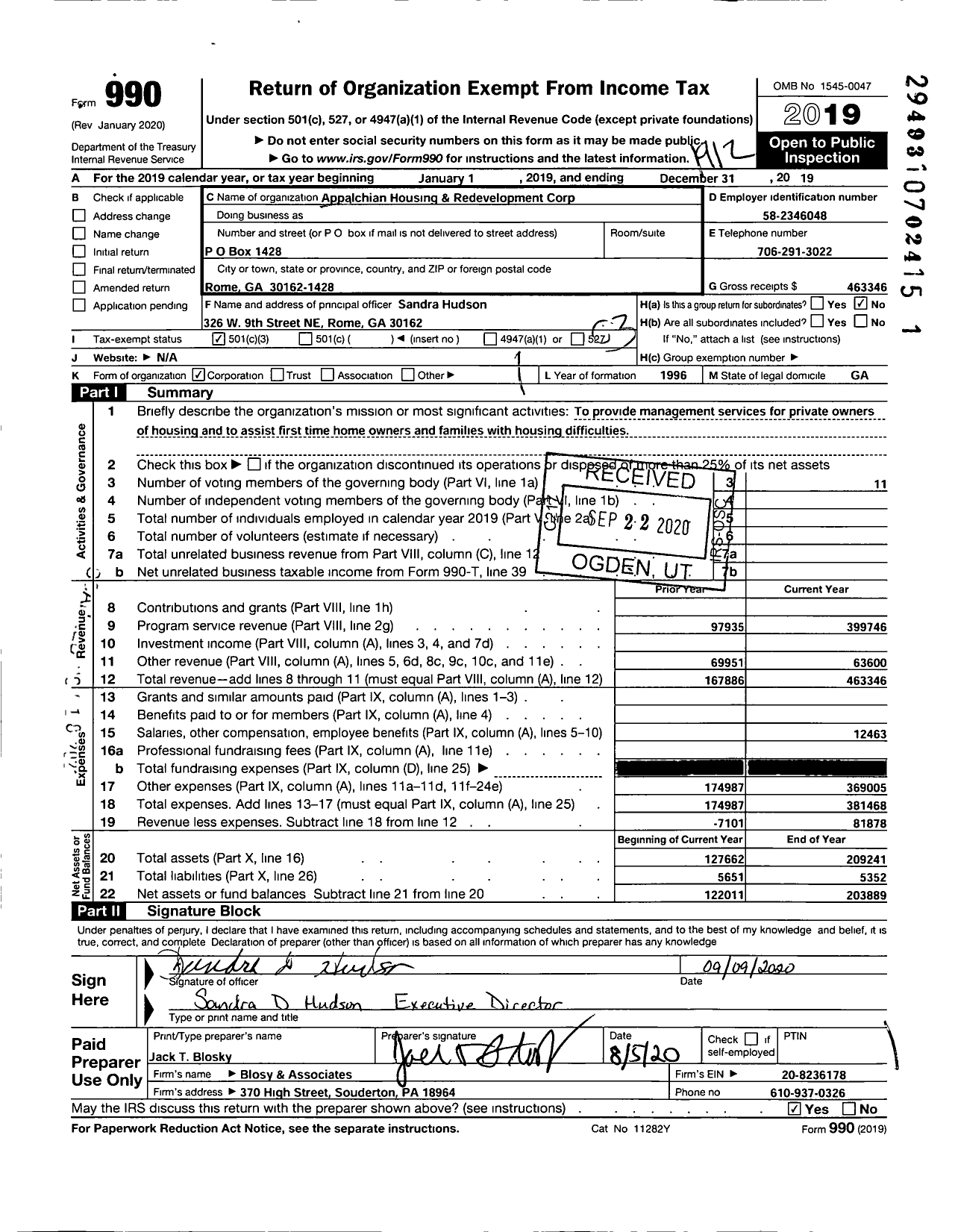 Image of first page of 2019 Form 990 for Appalchain Housing & Redevelopment Corporation