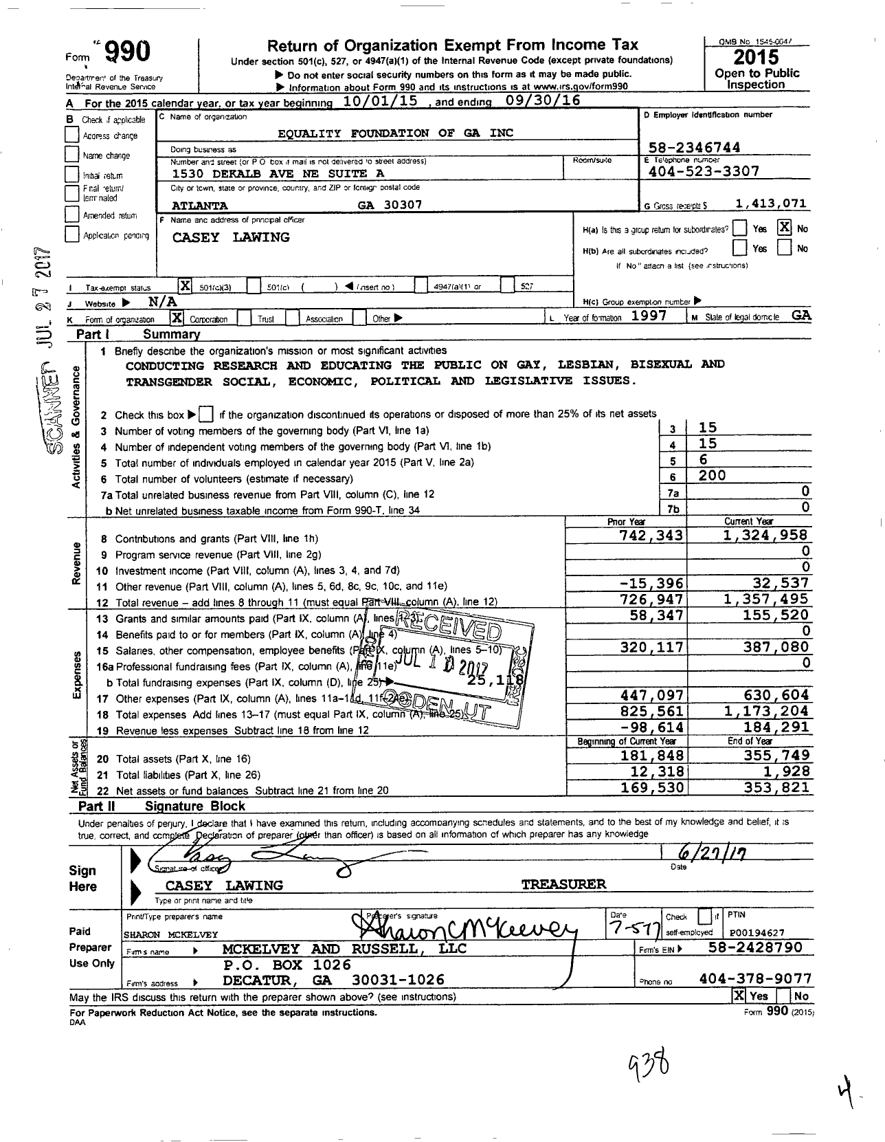 Image of first page of 2015 Form 990 for Equality Foundation of Georgia