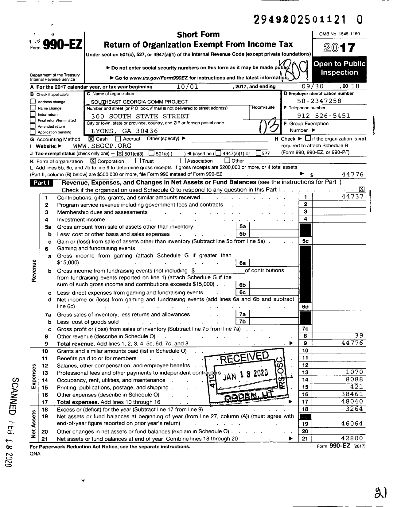 Image of first page of 2017 Form 990EZ for Southeast Georgia Comm Project