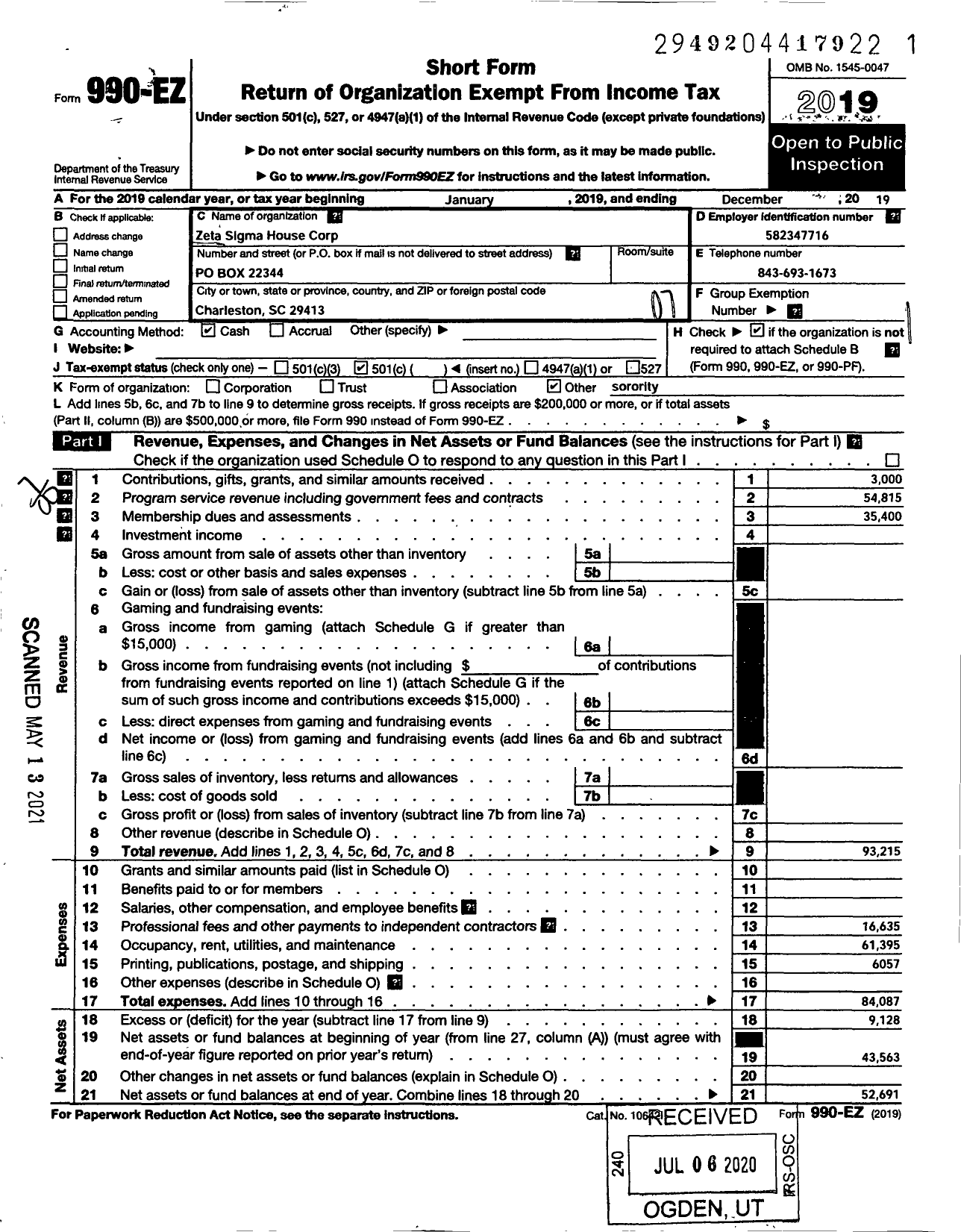 Image of first page of 2019 Form 990EO for Zeta Sigma House Corporation