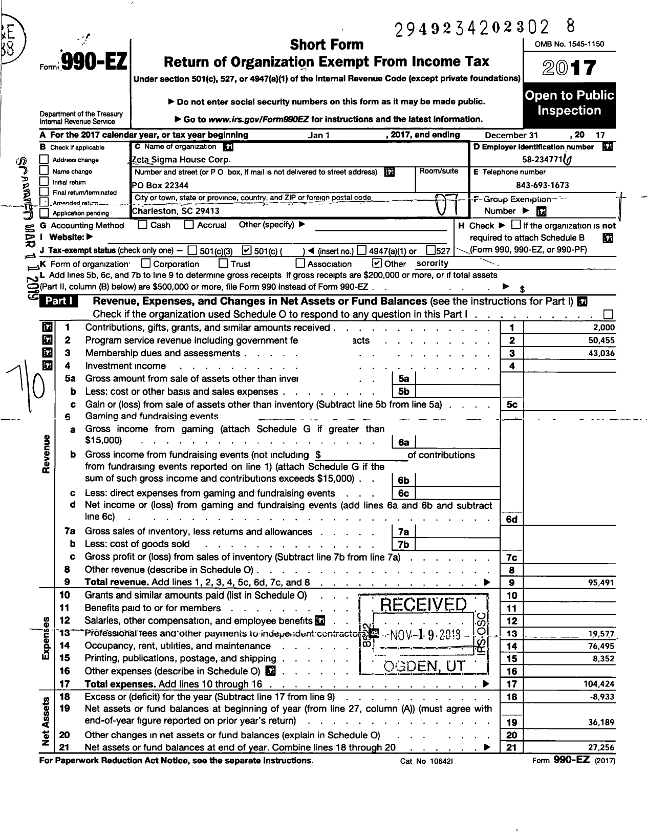 Image of first page of 2017 Form 990EO for Zeta Sigma House Corporation